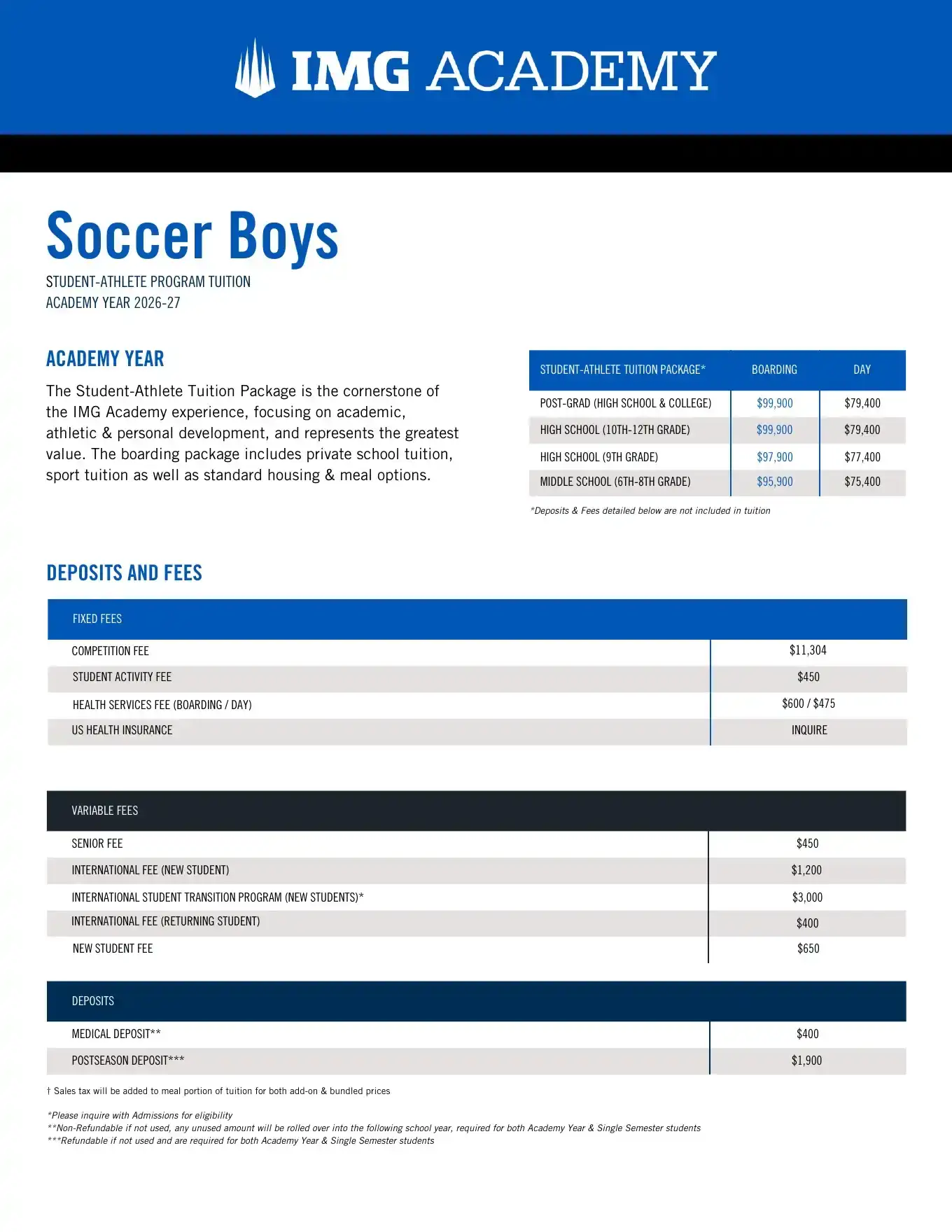 2026–27年度 サッカー留学 料金表（男子）